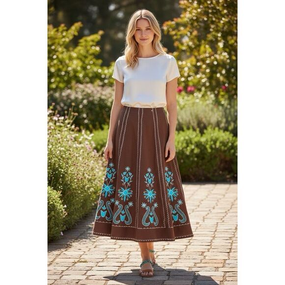 No Brand Dresses & Skirts - A La Carte Brown Cotton Embroidered Skirt, Size 8 boho modest